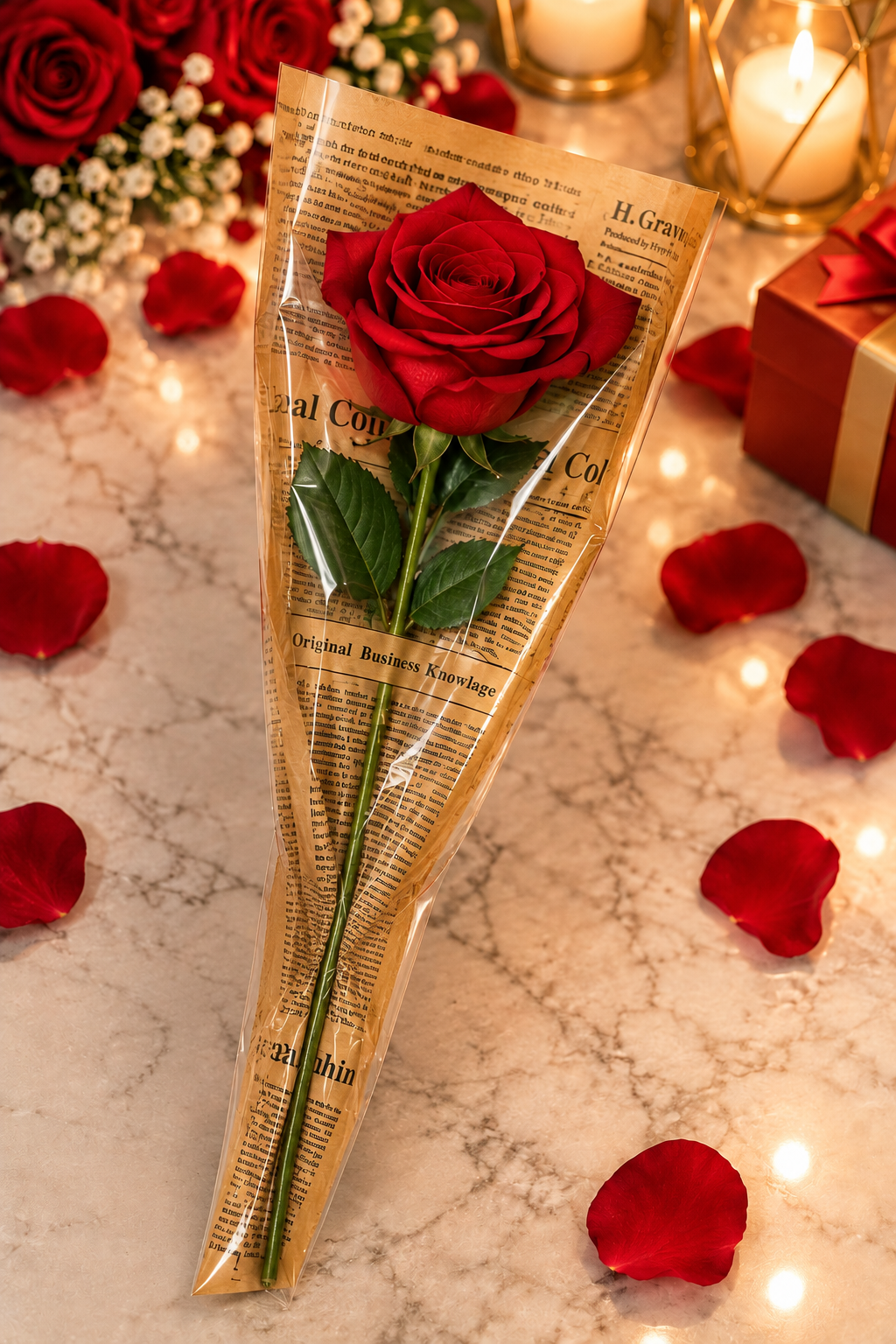 Single red rose in classic wrapping